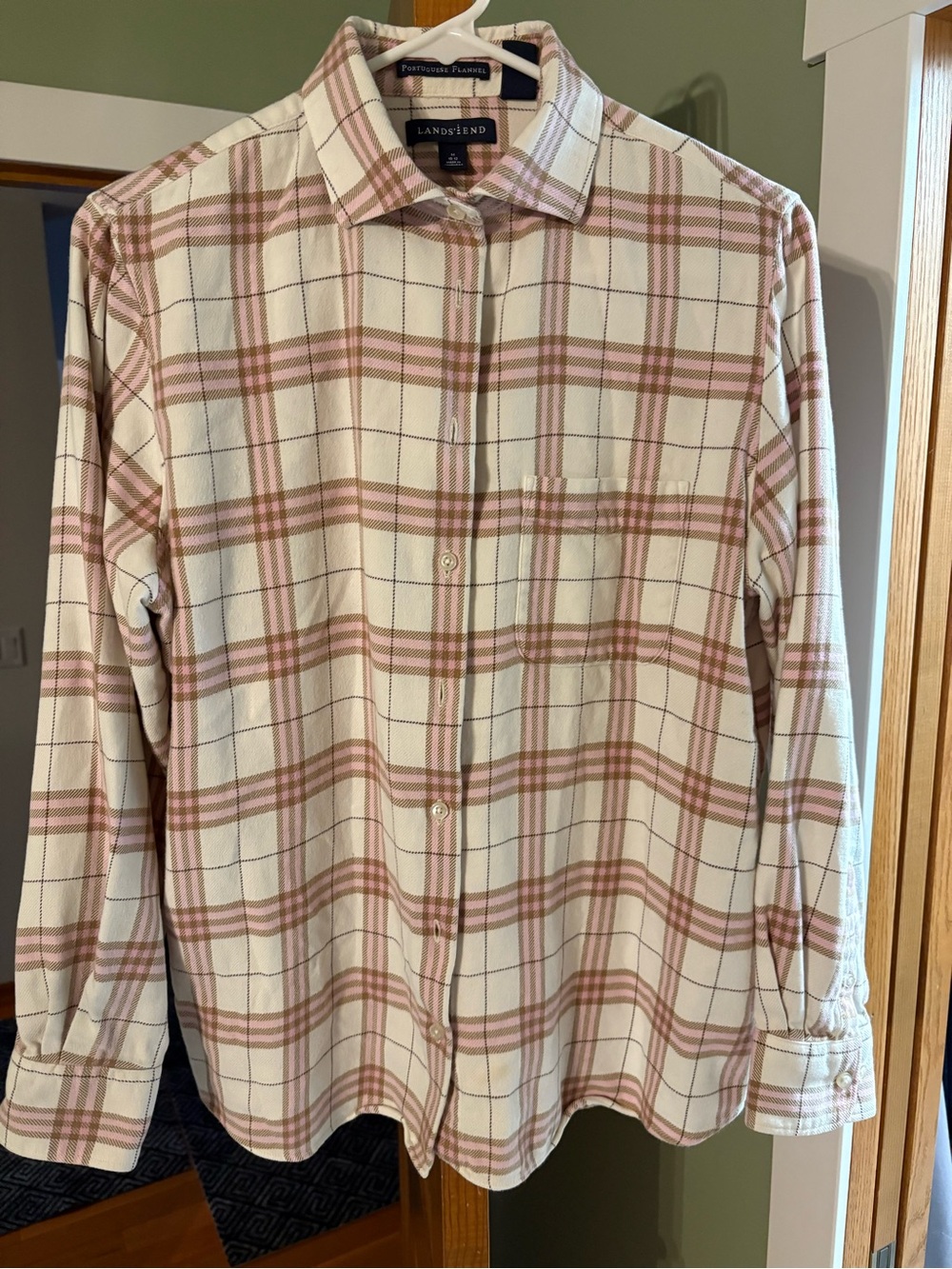 Lands' End Women’s Cream and Pink Plaid Cotton Button-Down Shirt